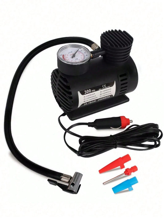 Multipurpose Portable Mini Air Compressor, 300 Psi, 12 V, Includes 2 Nozzle and Needle Adapters for Balls. Power Source: Car Charger